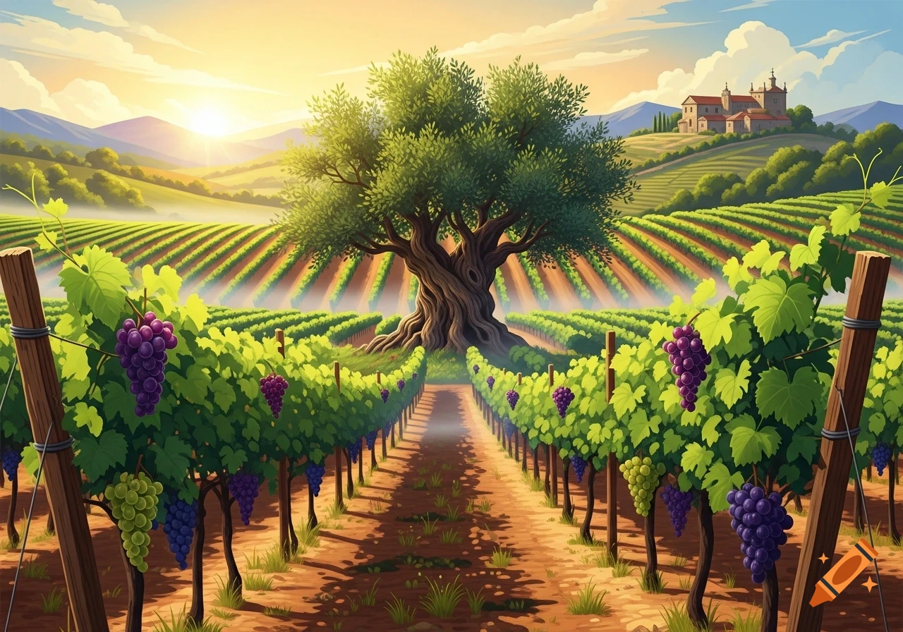 Vibrant illustrated landscape of a sunlit vineyard with rows of grapevines, a large gnarled tree, and a building on a distant hill.