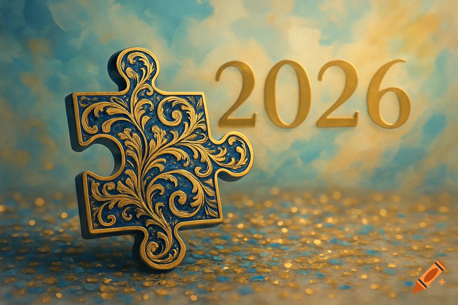 A decorative gold and blue puzzle piece with the year 2026 in gold, on a shimmering gold and blue background.
