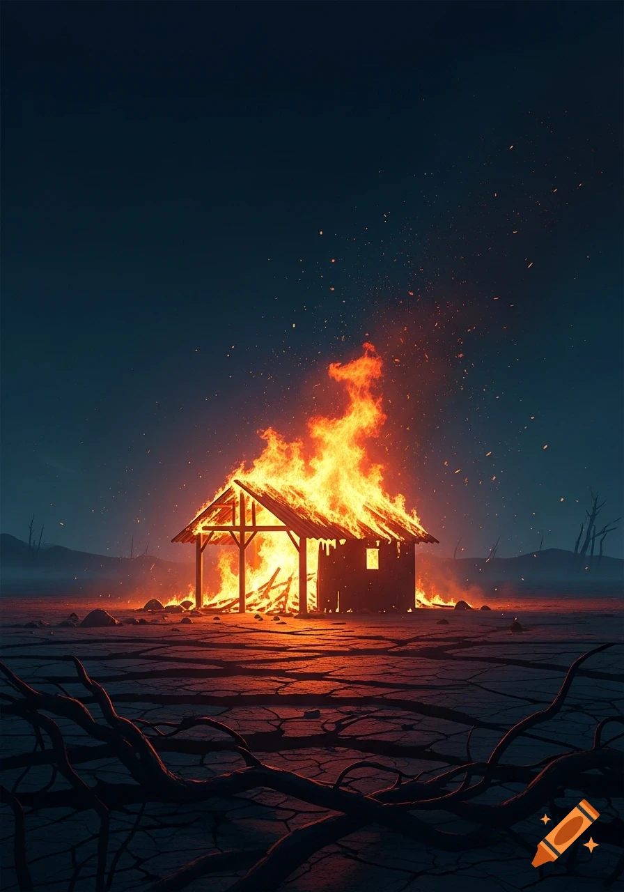 A wooden shelter engulfed in bright flames stands on cracked, dry ground under a dark sky, with bare tree branches in the foreground.