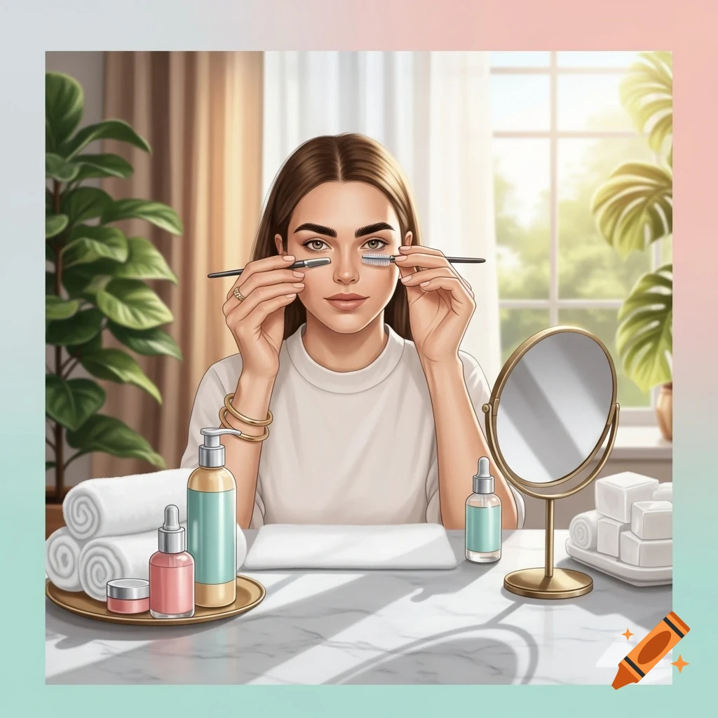 An illustrated woman applies eyebrow makeup with brushes on a marble vanity, surrounded by skincare products in a sunlit room.