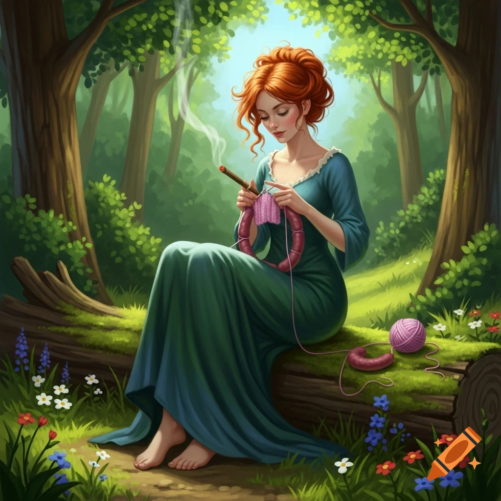 A red-haired woman in a green dress sits on a mossy log in a sunny forest, smoking a cigar and knitting with pink, sausage-like yarn. Illustrated.