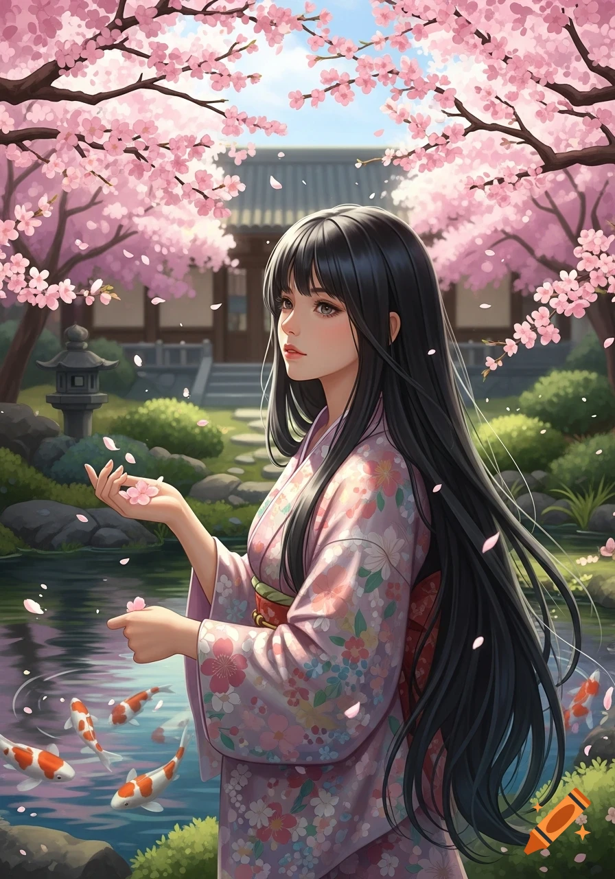 Anime girl with long black hair, wearing a floral kimono, holding cherry blossoms over a koi pond in a Japanese garden.