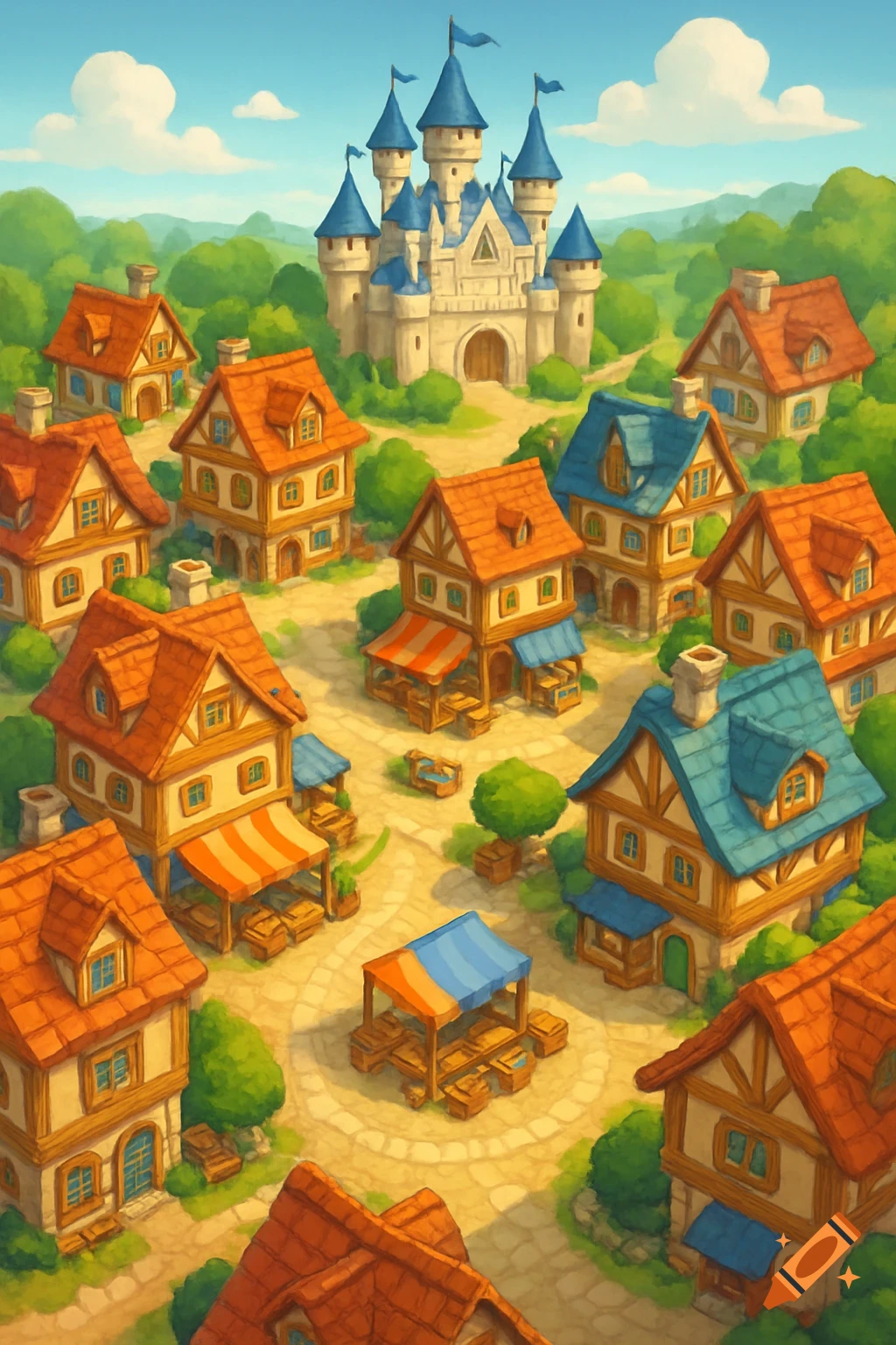 A top-down, hand-painted view of a vibrant fantasy town with a blue-roofed castle, colorful houses, and market stalls.