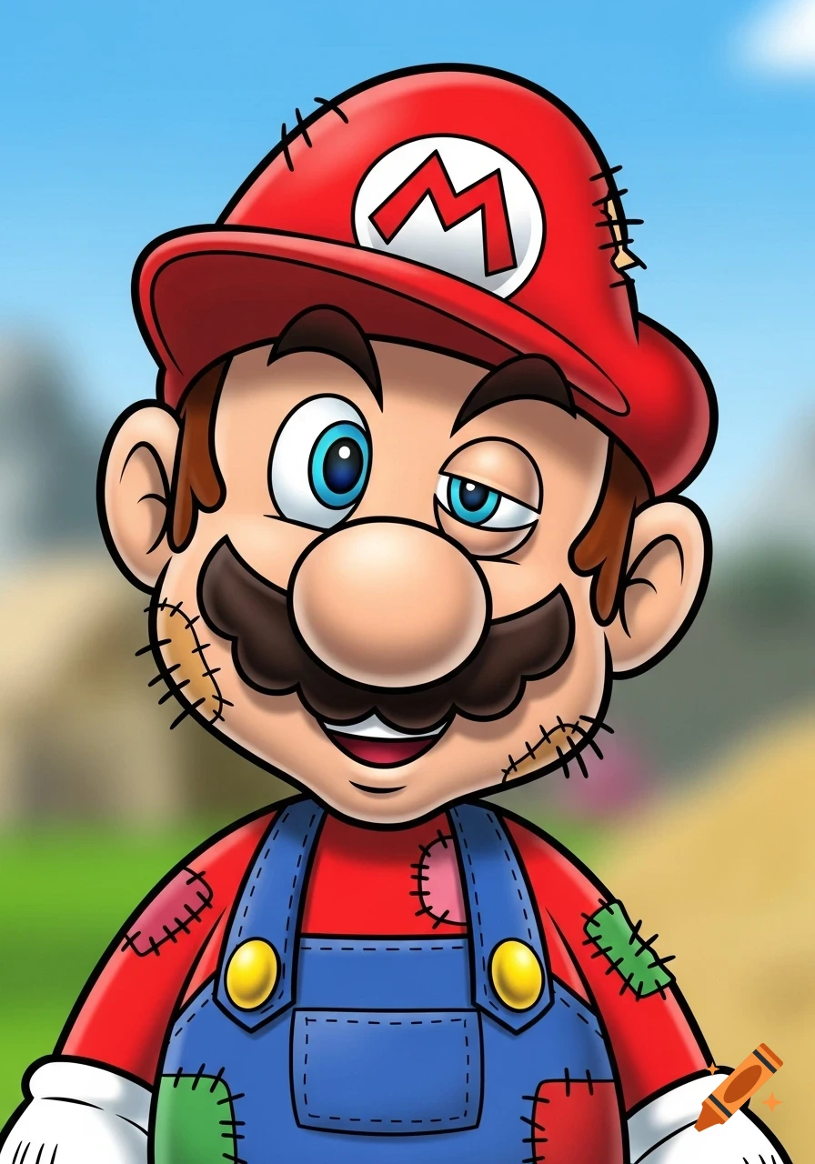 Cartoon off-brand Mario character with a crooked 'M' on his hat, mismatched overalls, and uneven eyes, against a blurred outdoor background.
