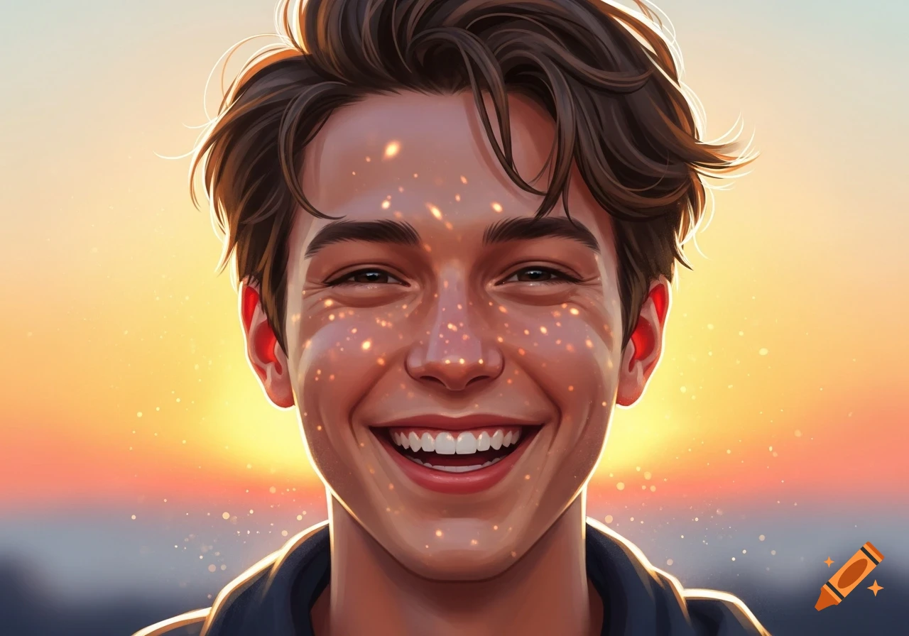 Close-up stylized portrait of a smiling young man with brown hair, illuminated by warm, sparkling sunlight.
