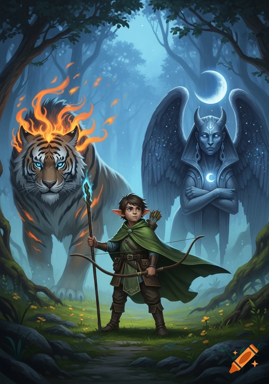 A small elf-like ranger with a bow and staff stands in a mystical forest, flanked by a fiery tiger and a winged stone statue.