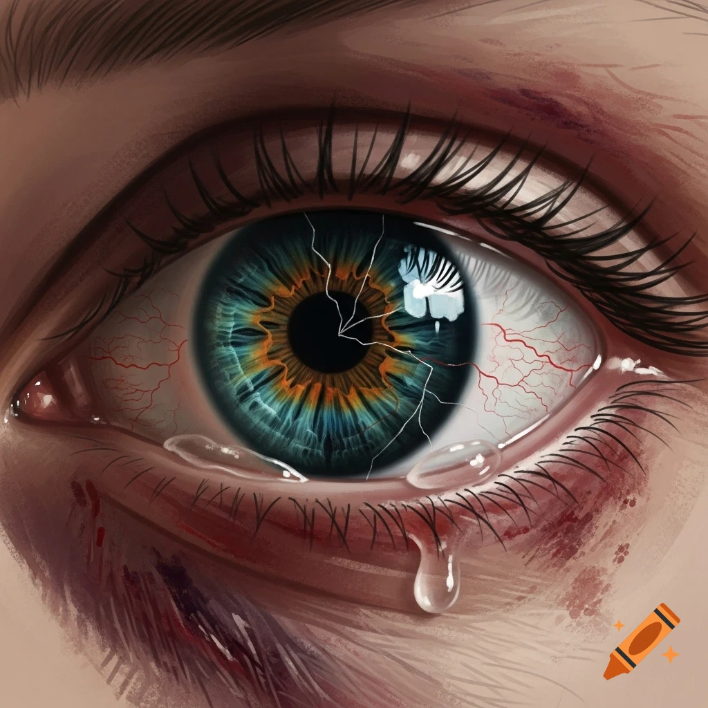 Close-up digital painting of a blue and orange eye with a cracked iris, red veins, tears, and bruised skin around the eyelid.