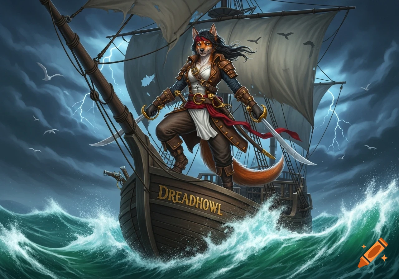 A fox-like pirate captain stands on the bow of a ship named DREADHOWL, holding two swords in a stormy sea with lightning.