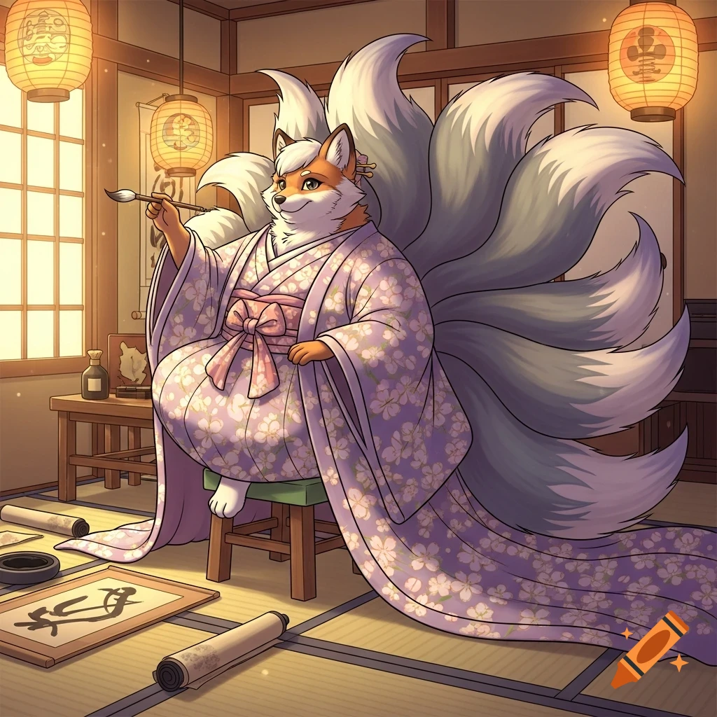 A plump nine-tailed anthropomorphic fox in a light purple kimono holds a calligraphy brush, sitting in a Japanese-style room.