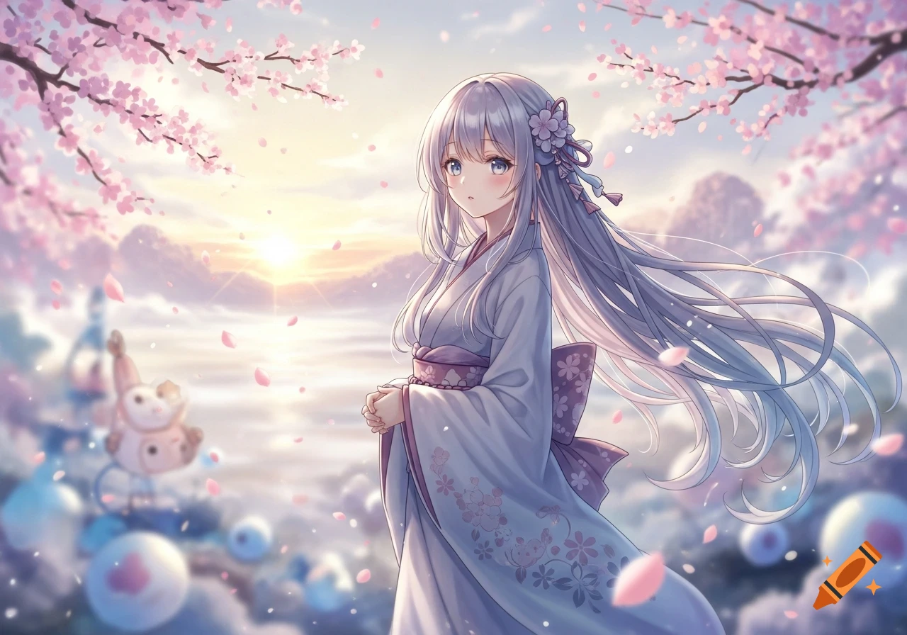An anime girl with long light purple hair wearing a white and purple kimono stands under cherry blossom trees at sunset.