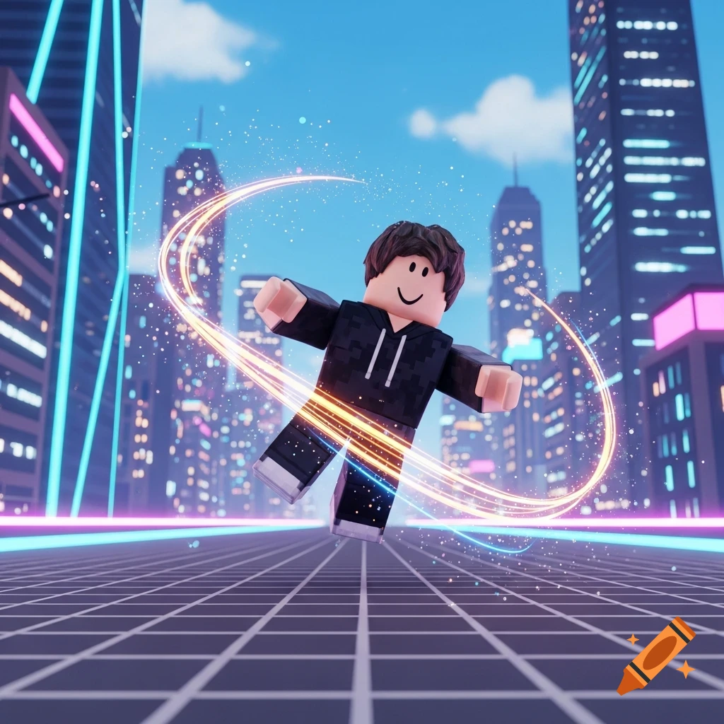 A Roblox character in a black hoodie and pants leaps over a grid-patterned ground in a neon-lit futuristic city. Glowing streaks of light trail around the character.