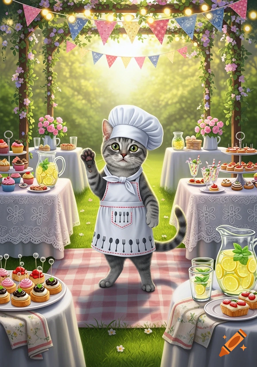 A cute cat chef in a white hat and apron stands at a sunny garden party with tables full of desserts and lemonade.