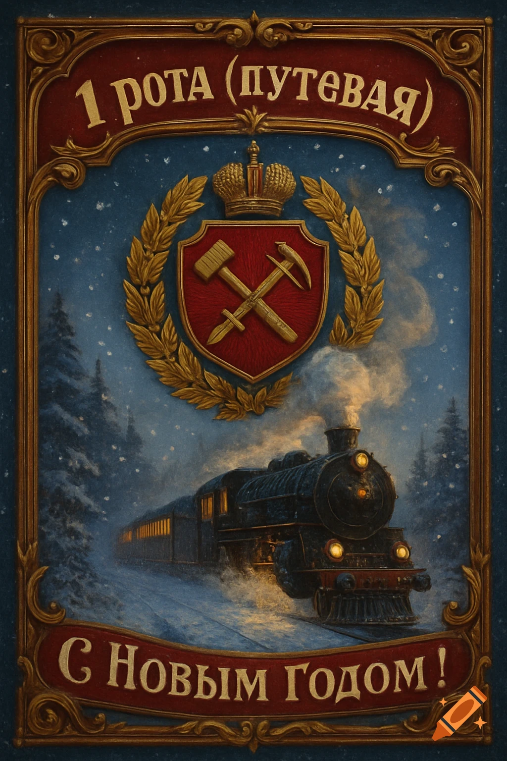 An illustrated New Year's card with a vintage train in a snowy winter night, framed with a coat of arms and Russian text.