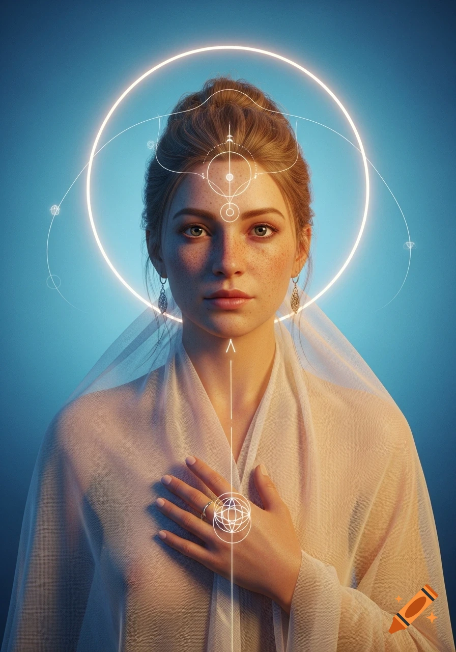 Photorealistic portrait of a woman with a glowing halo, geometric symbols, and a hand on her chest, against a blue background.