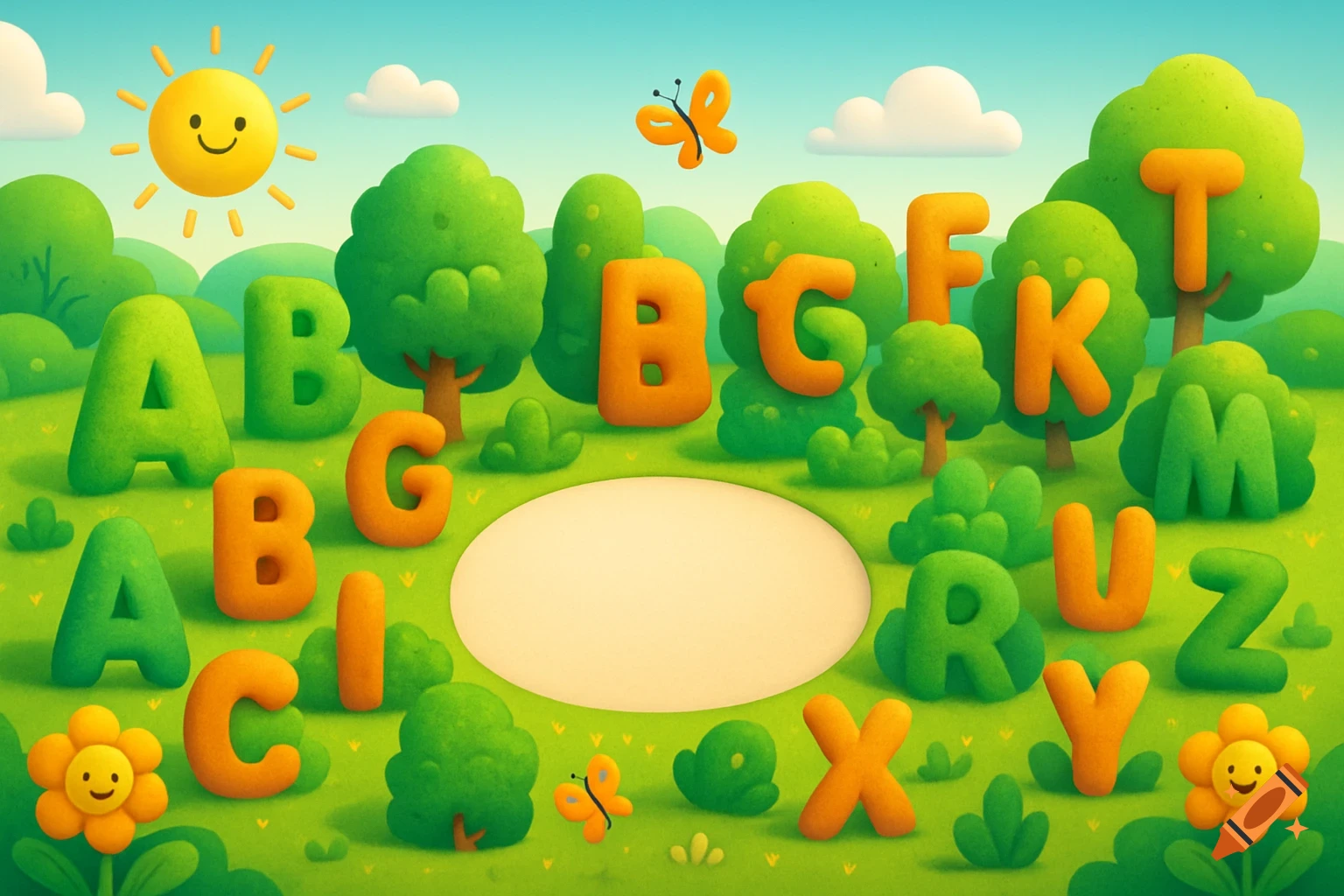 A cheerful 3D cartoon garden with large, colorful alphabet letters forming hills, trees, and bushes, under a smiling sun.