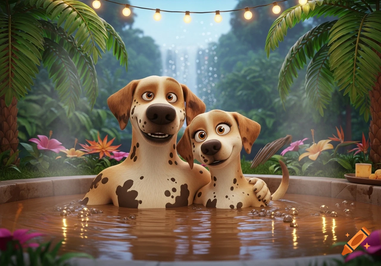 Two happy animated Labrador dogs relaxing chest-deep in a muddy hot tub amidst tropical plants and string lights.
