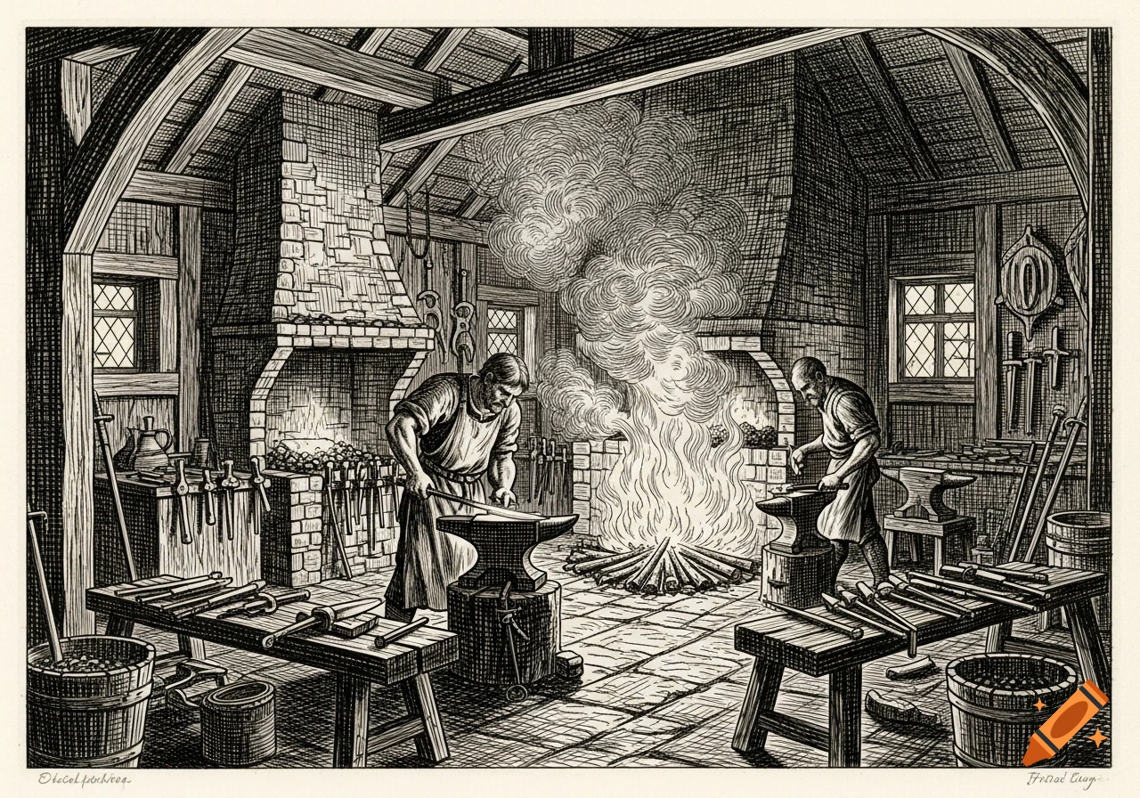 A detailed black and white etching shows two blacksmiths working in a medieval smithy with anvils, tools, and a fiery forge.