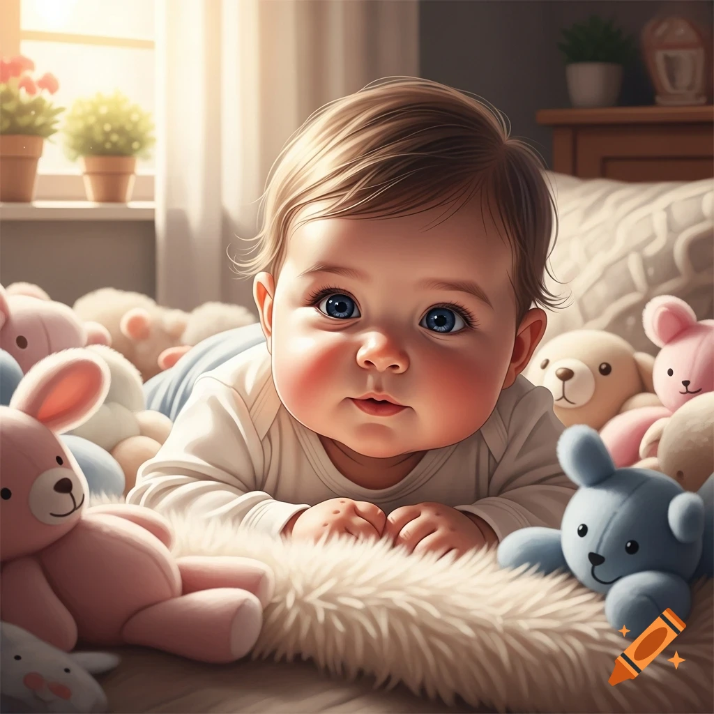 A cute baby with bright blue eyes lies on a fluffy white rug surrounded by various stuffed animals, bathed in soft window light.