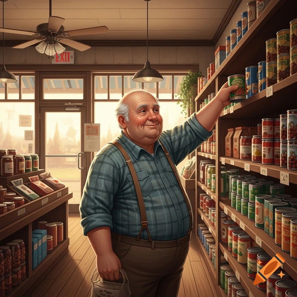 A cheerful, plump old man in suspenders reaches for a can on a shelf in a rustic grocery store.