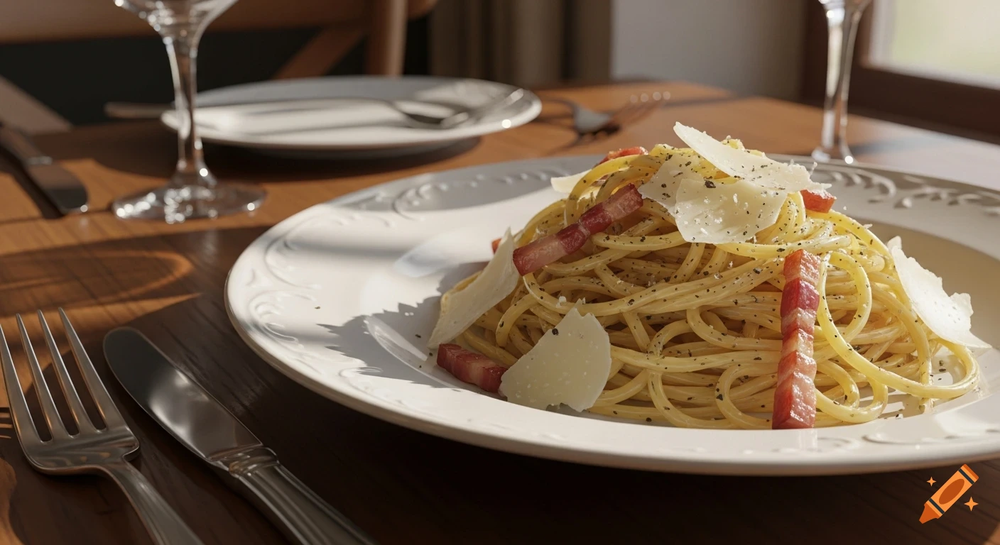 Photorealistic close-up of pasta carbonara with bacon, parmesan, and pepper on a white plate at a restaurant table.