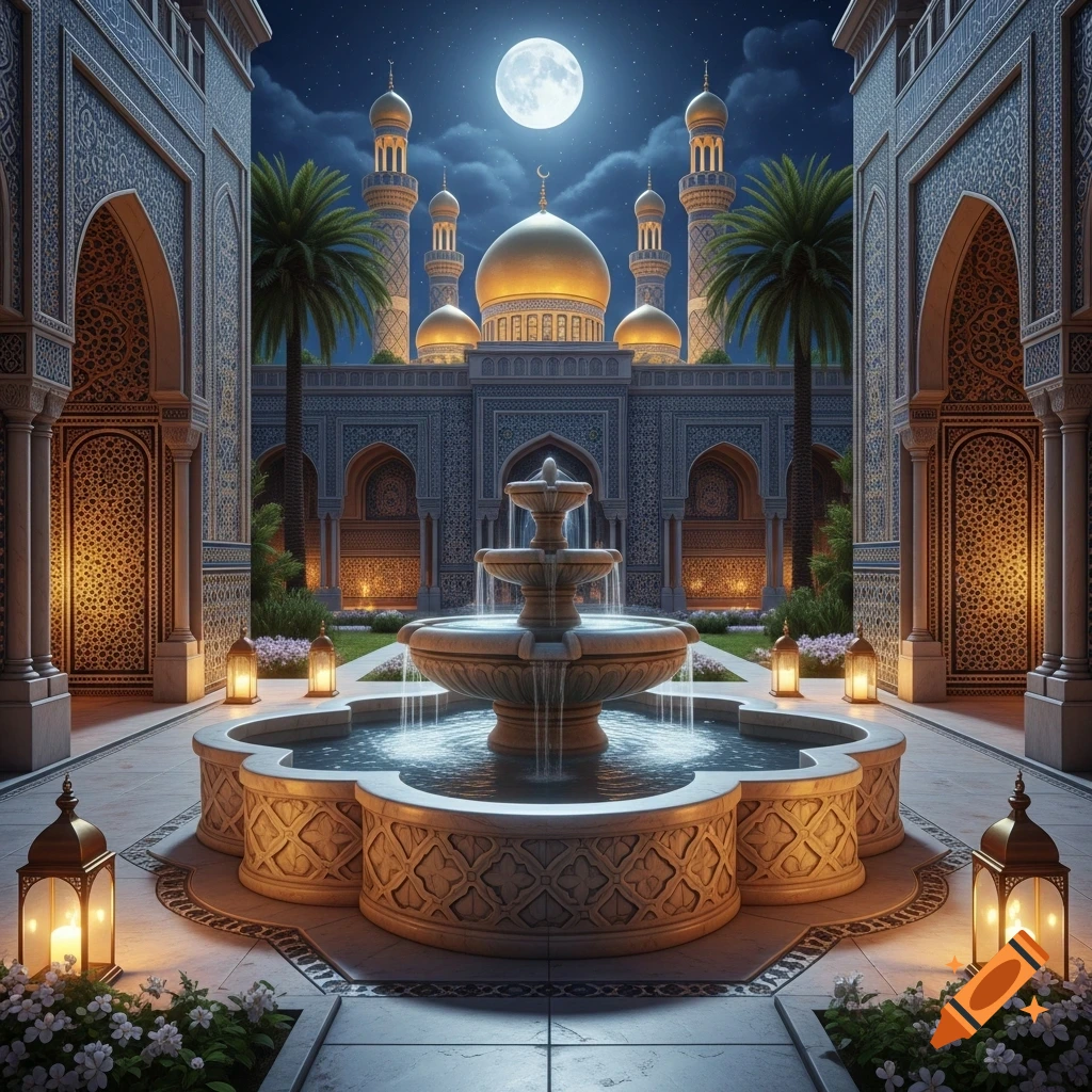 Mystical night scene of an Islamic courtyard with a large fountain, ornate architecture, and a mosque under a full moon.