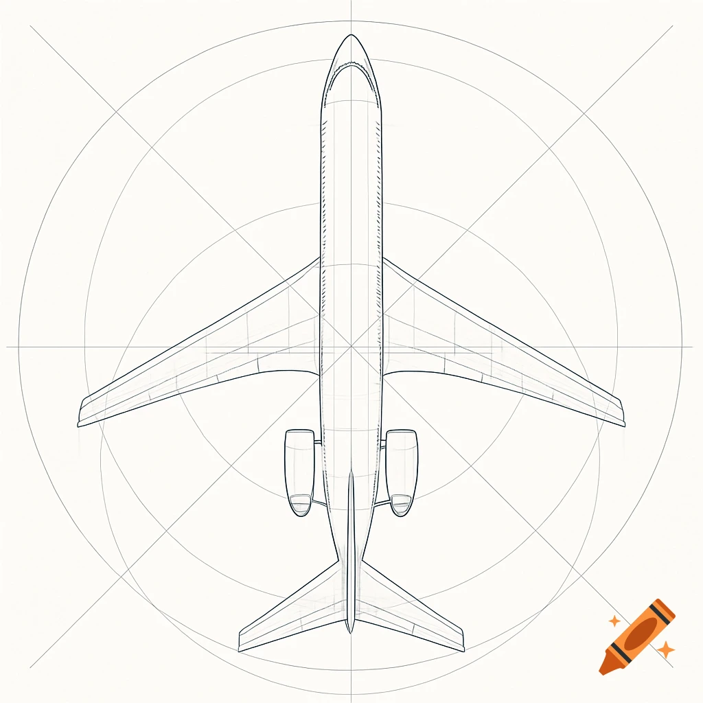 Blueprint top-down view of a Douglas DC-9 airplane, featuring geometric grid lines on a white background.