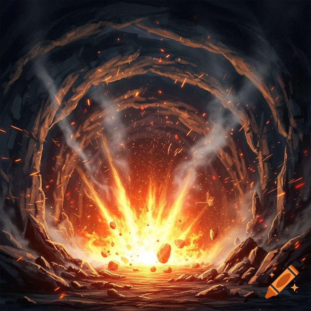A vibrant explosion of orange and yellow fire, smoke, and debris erupts inside a dark, rocky cave.