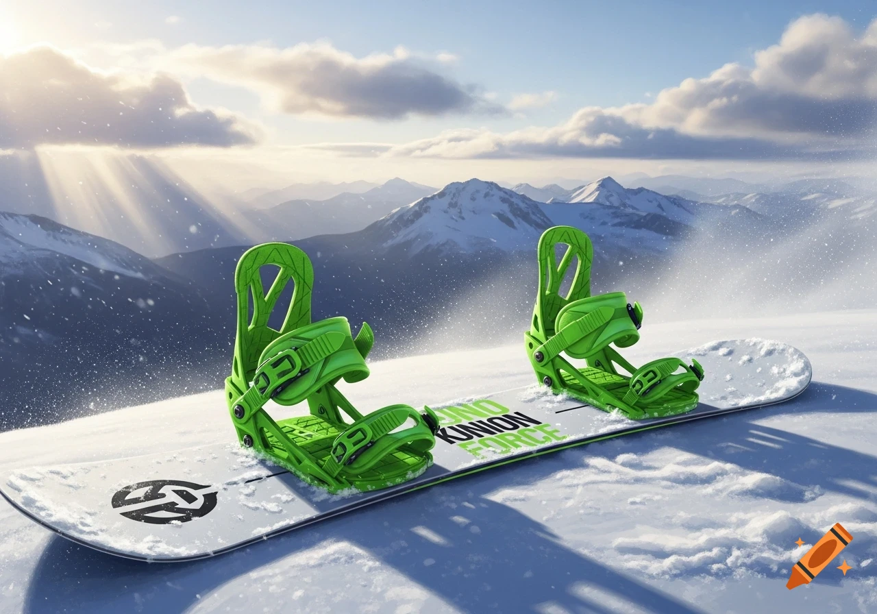 A white snowboard with vibrant lime green bindings rests on fresh snow in a sunny, snow-covered mountain landscape.