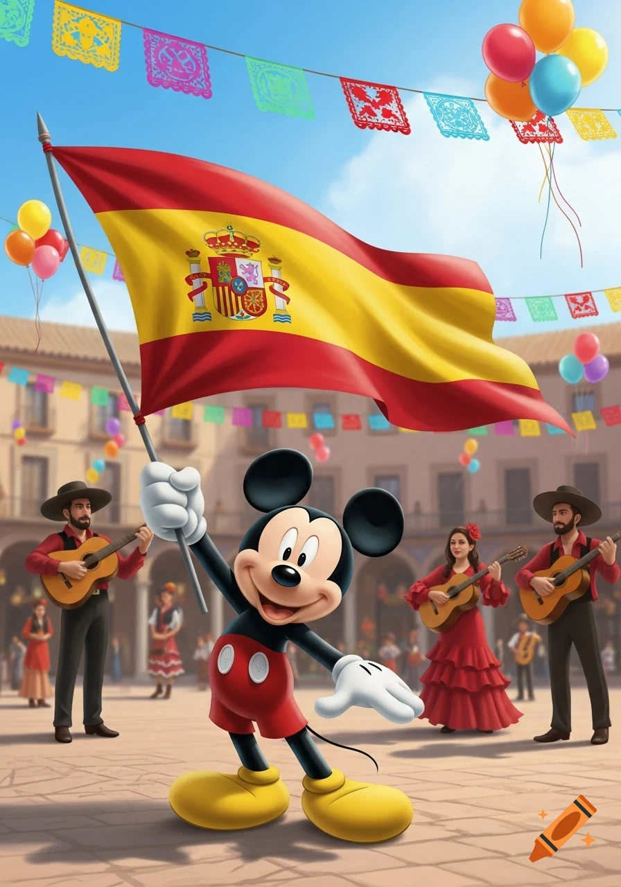 Mickey Mouse holds a Spanish flag in a festive town square with musicians and colorful decorations.