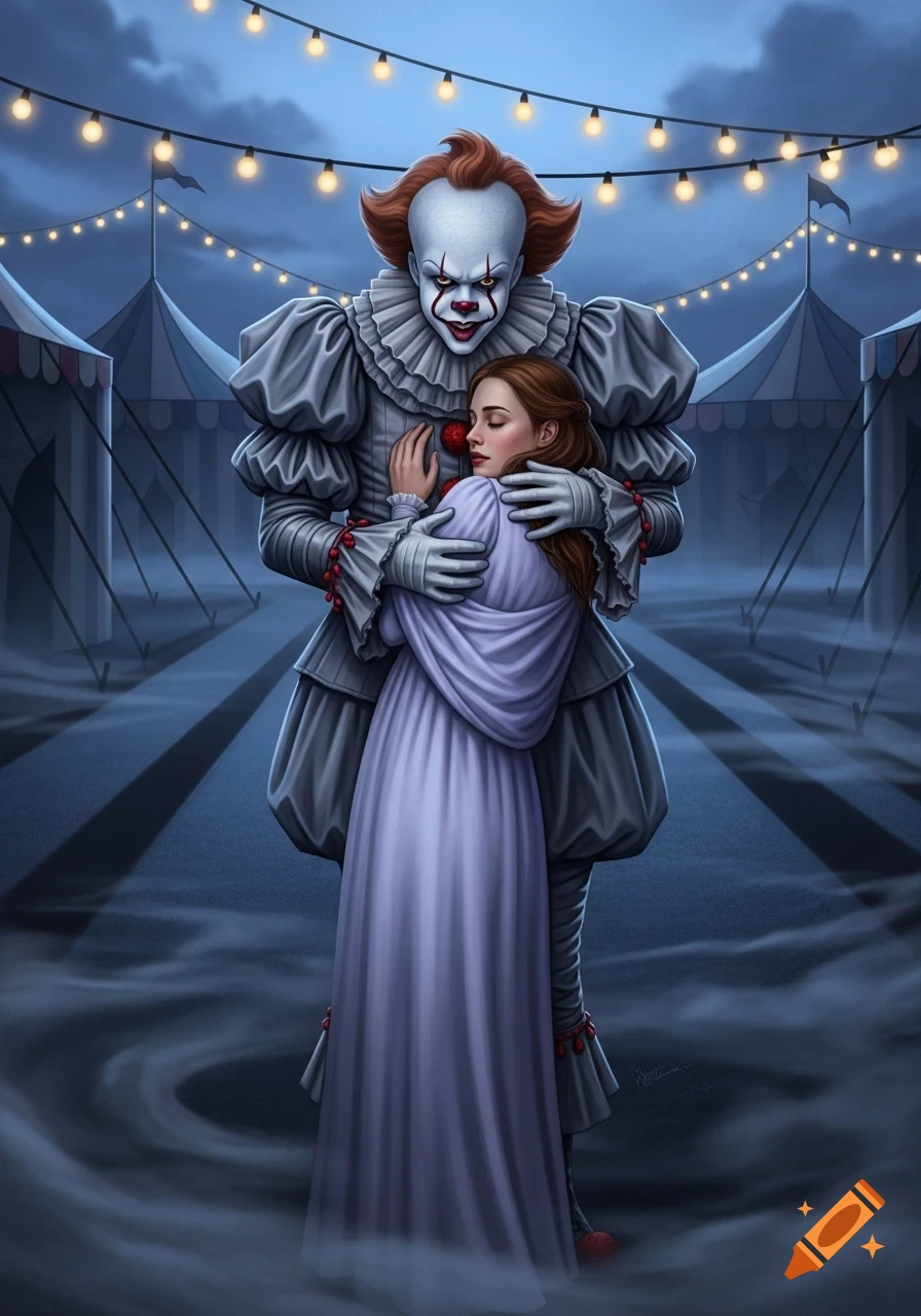 An illustration of Pennywise the clown hugging a woman in a purple dress in a dark carnival setting with string lights.