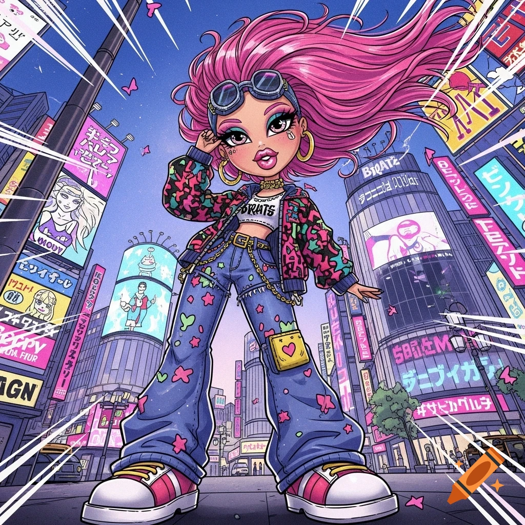 A stylized Bratz-like doll with pink hair and a colorful jacket stands in a low-angle shot amidst a vibrant, neon-lit Japanese city scene with tall buildings and signs.