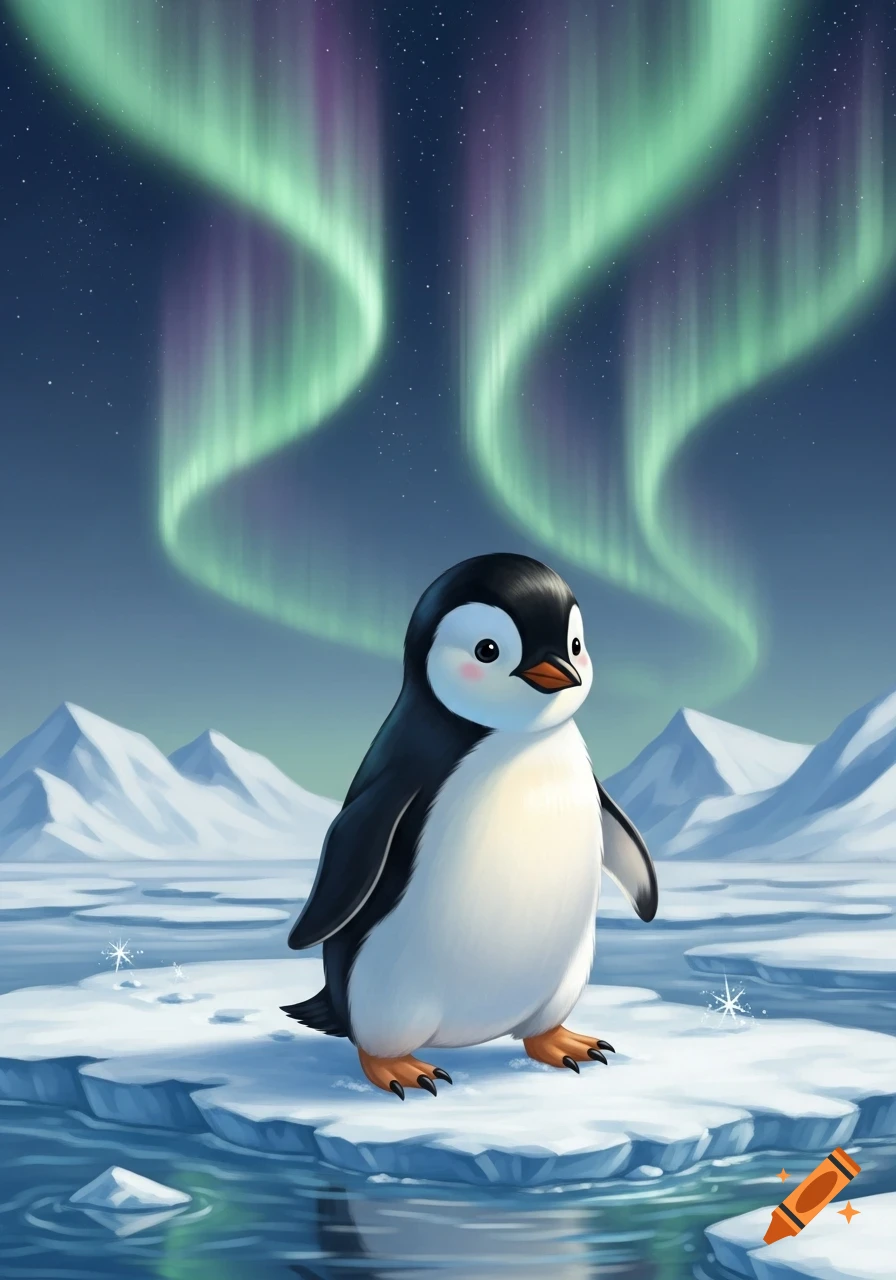 A cute cartoon baby penguin stands on an ice floe in an arctic landscape under a vibrant green and purple aurora borealis.