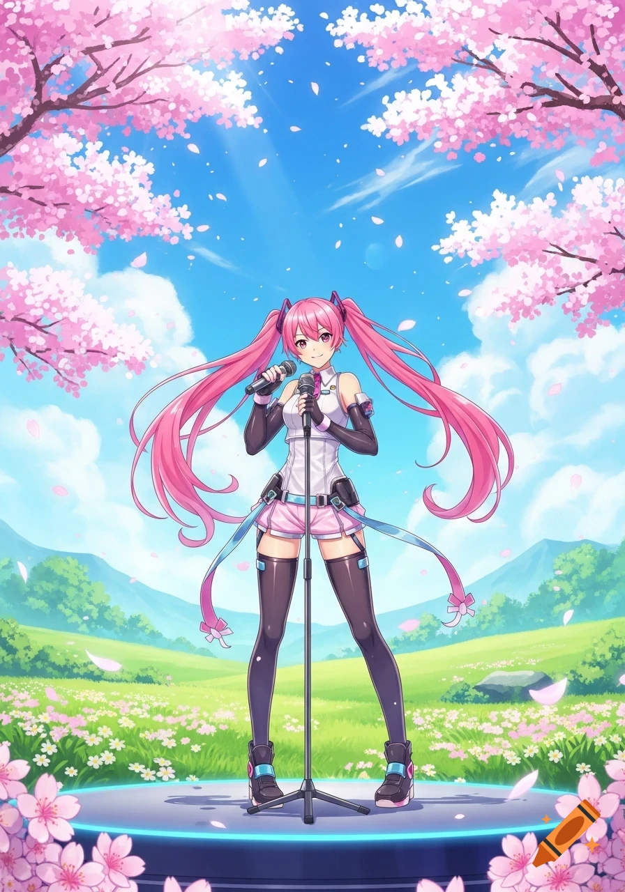 Anime girl with pink pigtails sings on a stage amidst a field of flowers and cherry blossoms under a blue sky.