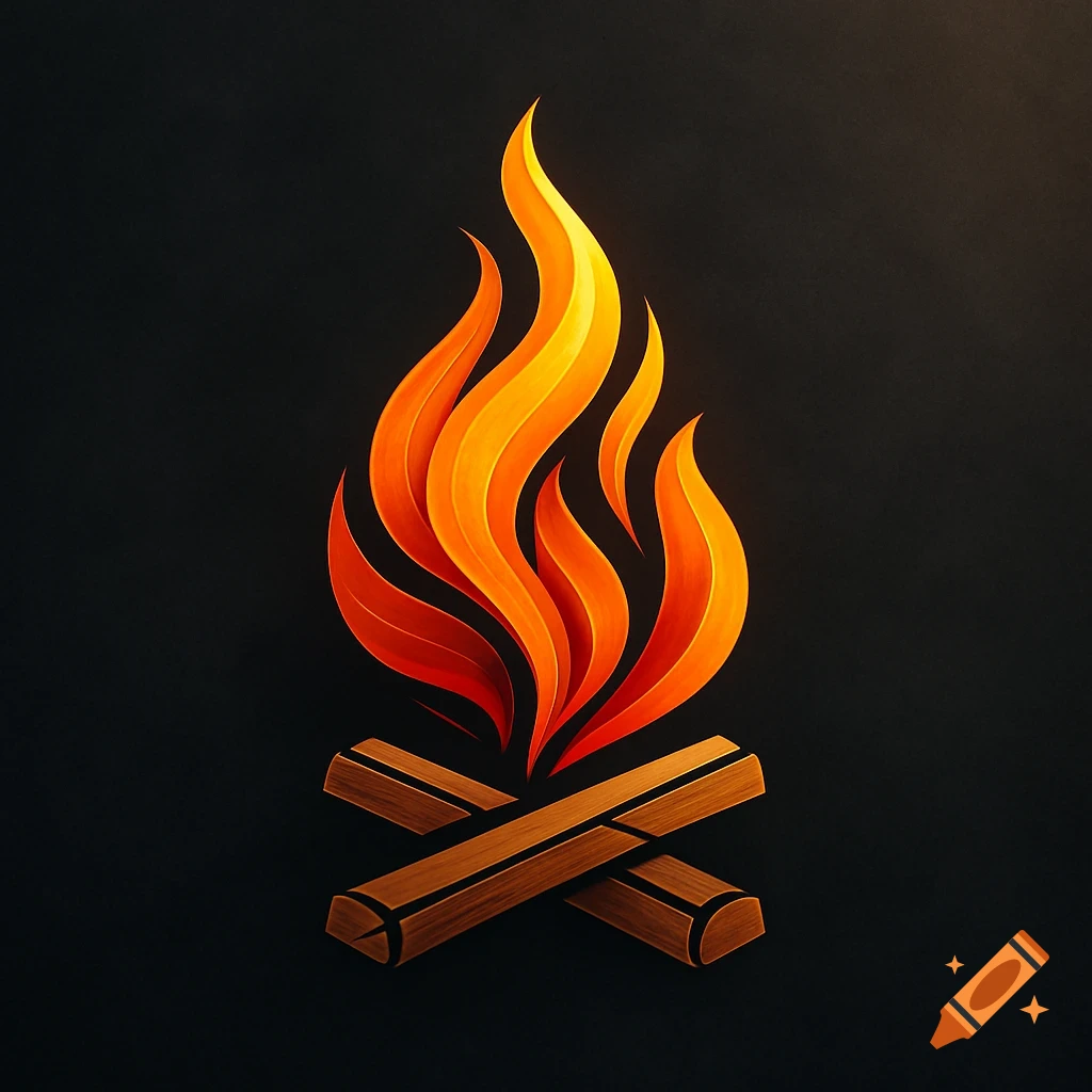 A stylized digital art logo of a campfire with orange and red flames above two crossed logs, set against a dark background.