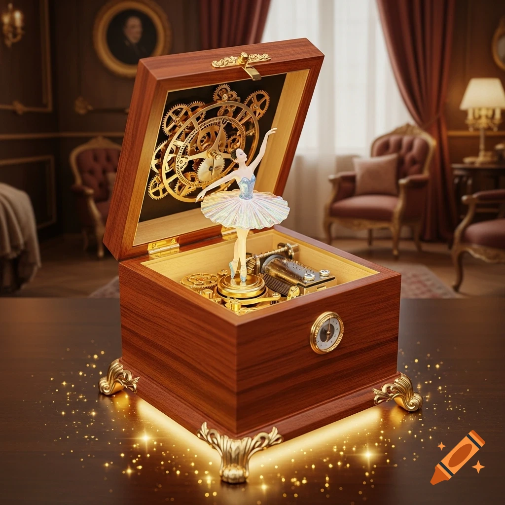 A beautiful open wooden music box with a dancing ballerina figurine, golden gears, and a glowing base, set in an elegant room.