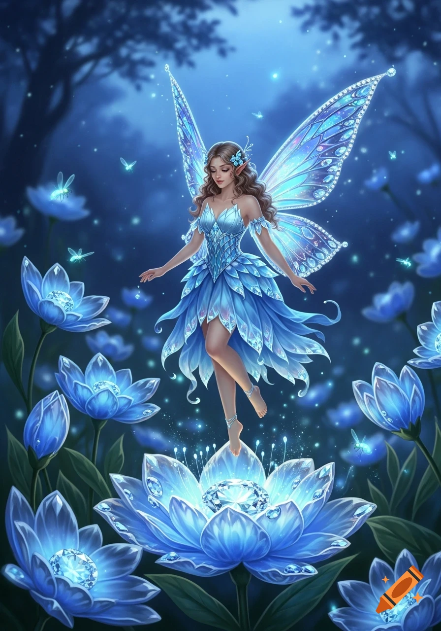 A beautiful fairy with shimmering blue wings and dress stands on a glowing blue diamond flower in a magical forest.