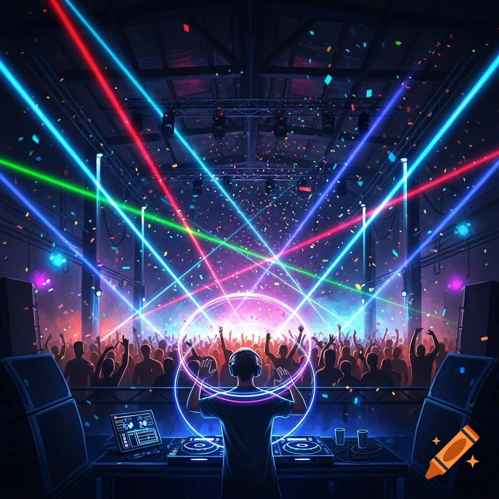 A DJ performs for a large crowd under vibrant neon laser lights and falling confetti in a dark concert venue.