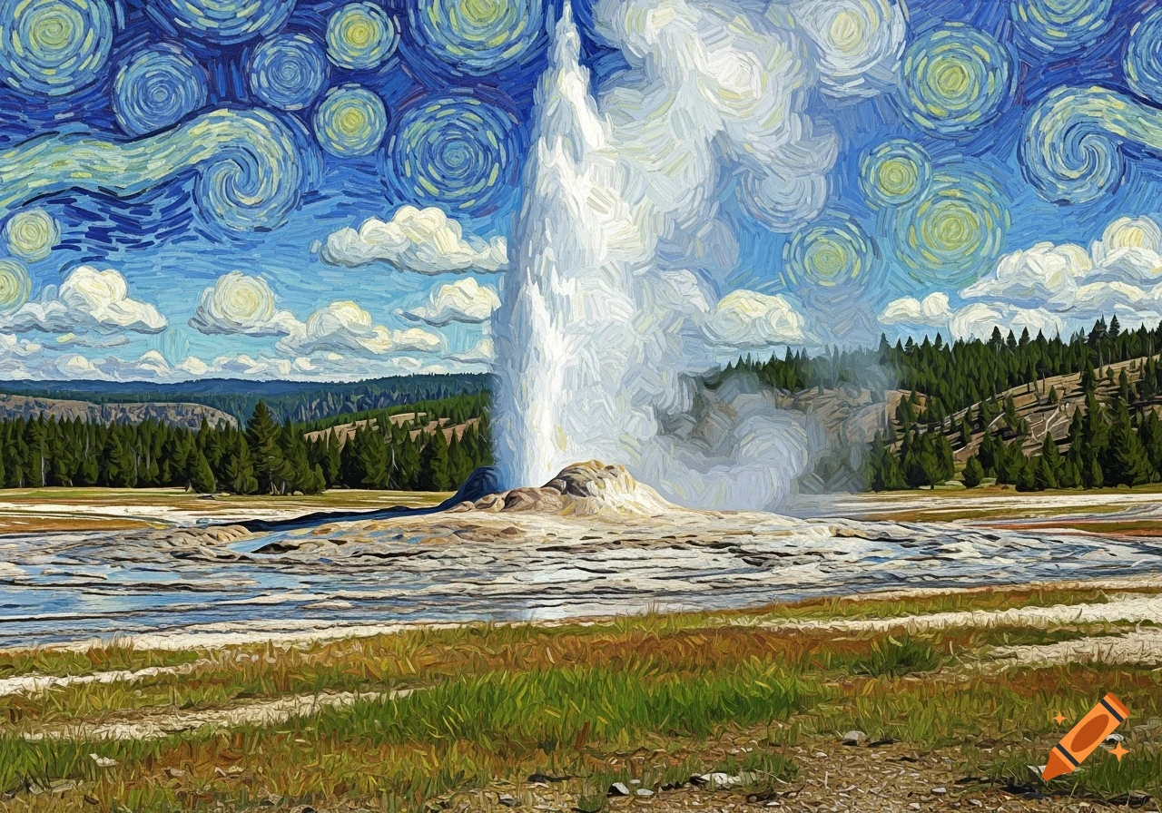 A Yellowstone geyser erupting under a swirling blue sky, rendered in the textured, painterly style of Van Gogh.