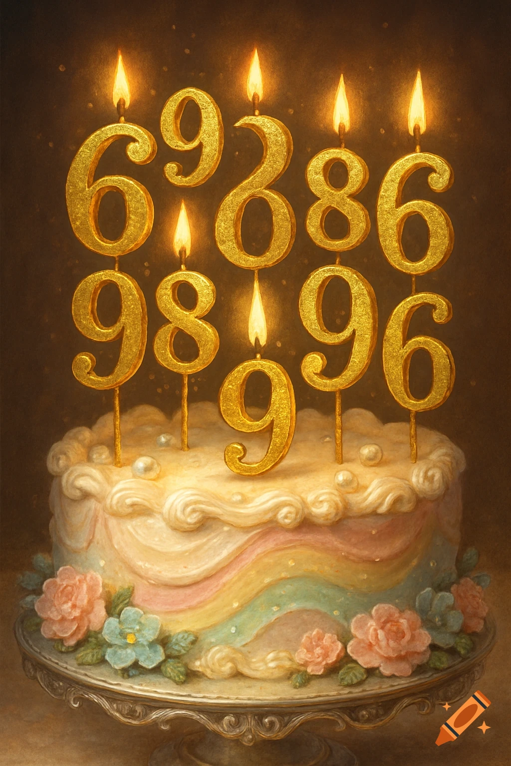 A pastel rainbow cake on a silver stand, topped with numerous golden, lit candles shaped like various numbers.