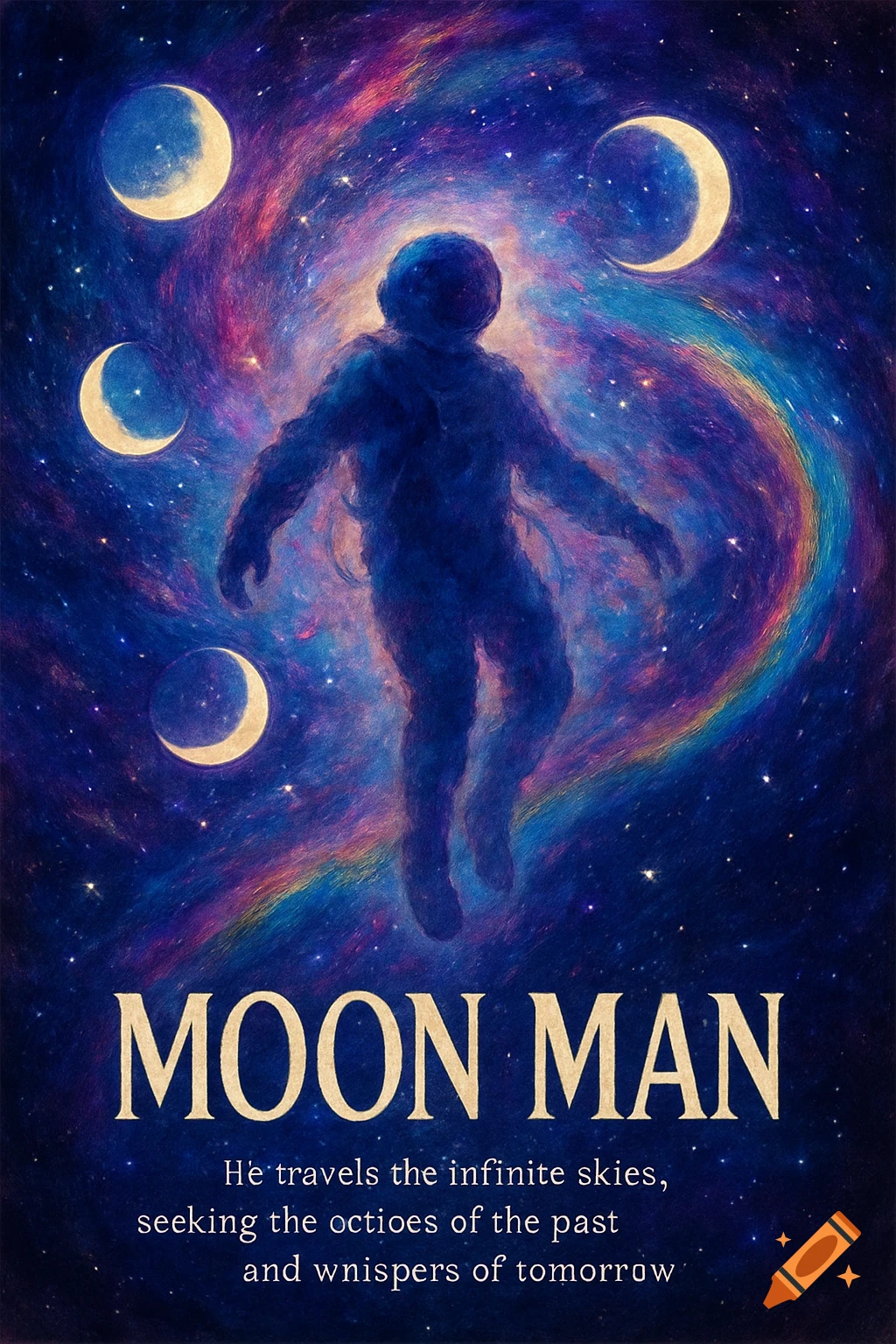 Surreal movie poster for 'MOON MAN' with a dark astronaut silhouette floating in a colorful galaxy amidst stars and moons.