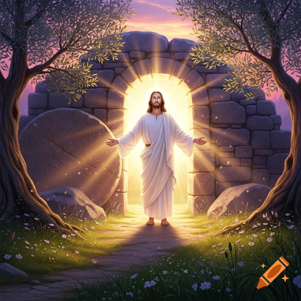 Jesus stands in a glowing tomb entrance with open arms, sunlight streaming out, surrounded by trees and flowers.