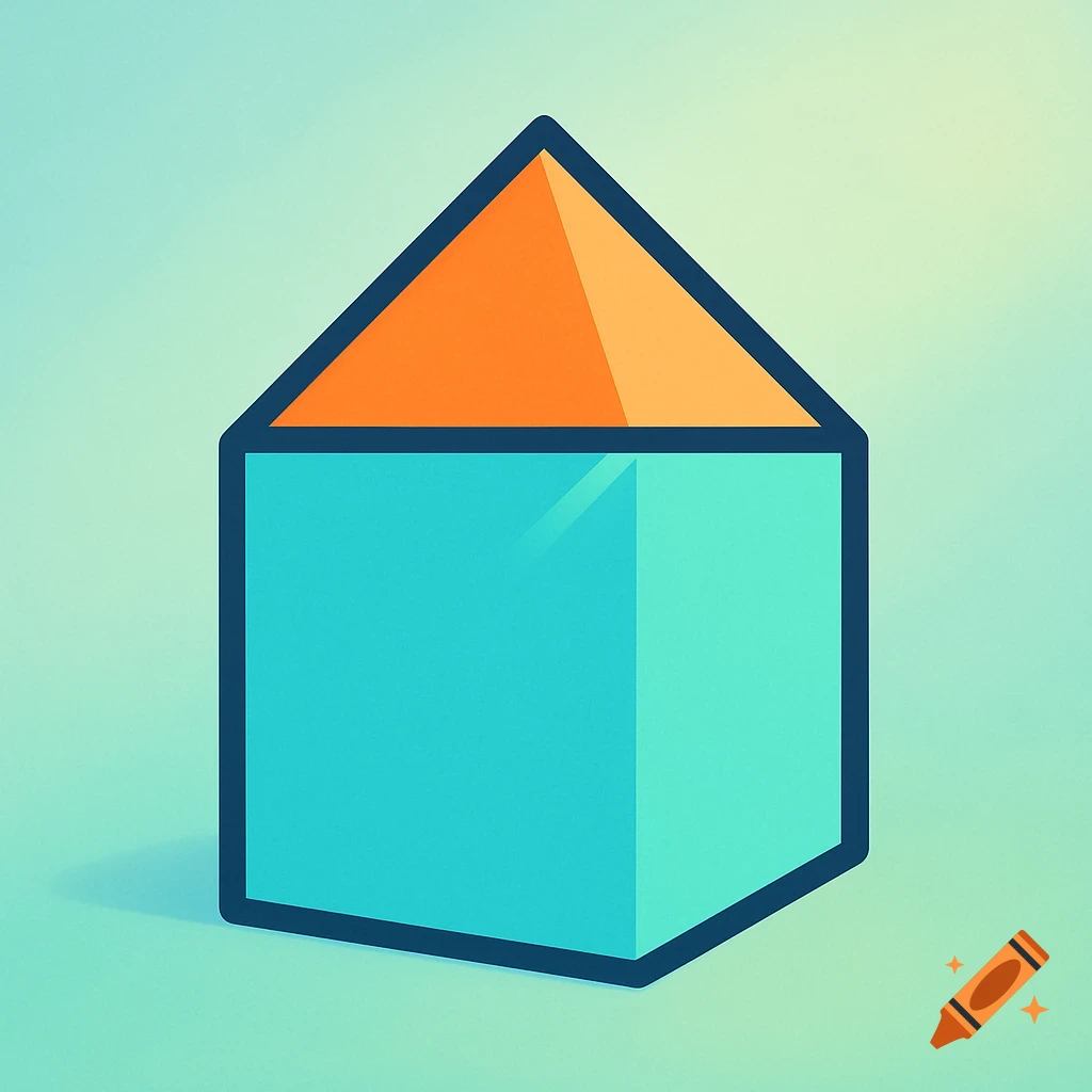 A minimalist house icon with a blue square base and an orange triangular roof, outlined in dark blue on a light gradient background.