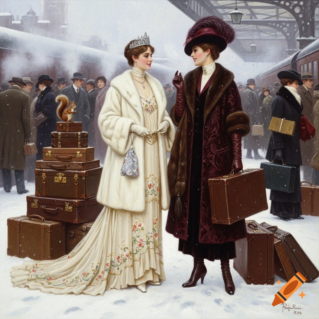 Two elegantly dressed Edwardian women chat on a snowy train platform with luggage, a squirrel, and other travelers in a detailed painting.