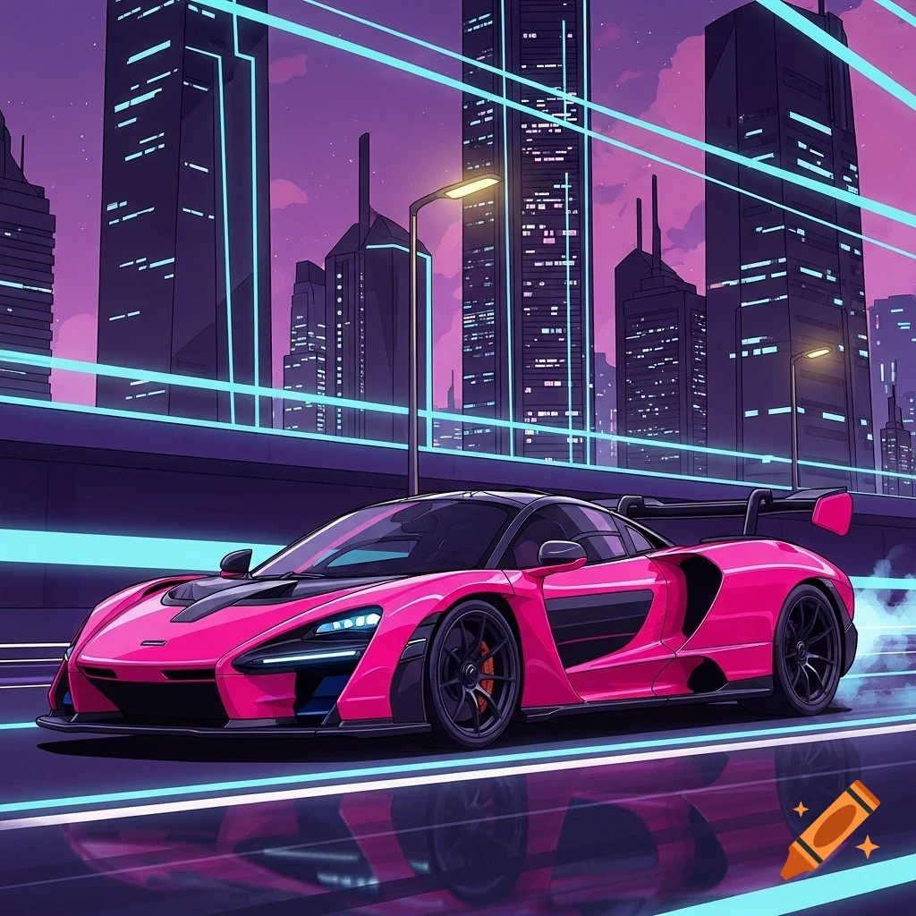 A vibrant neon pink McLaren Senna sports car drives on a reflective road through a futuristic city at night in a comic book style.