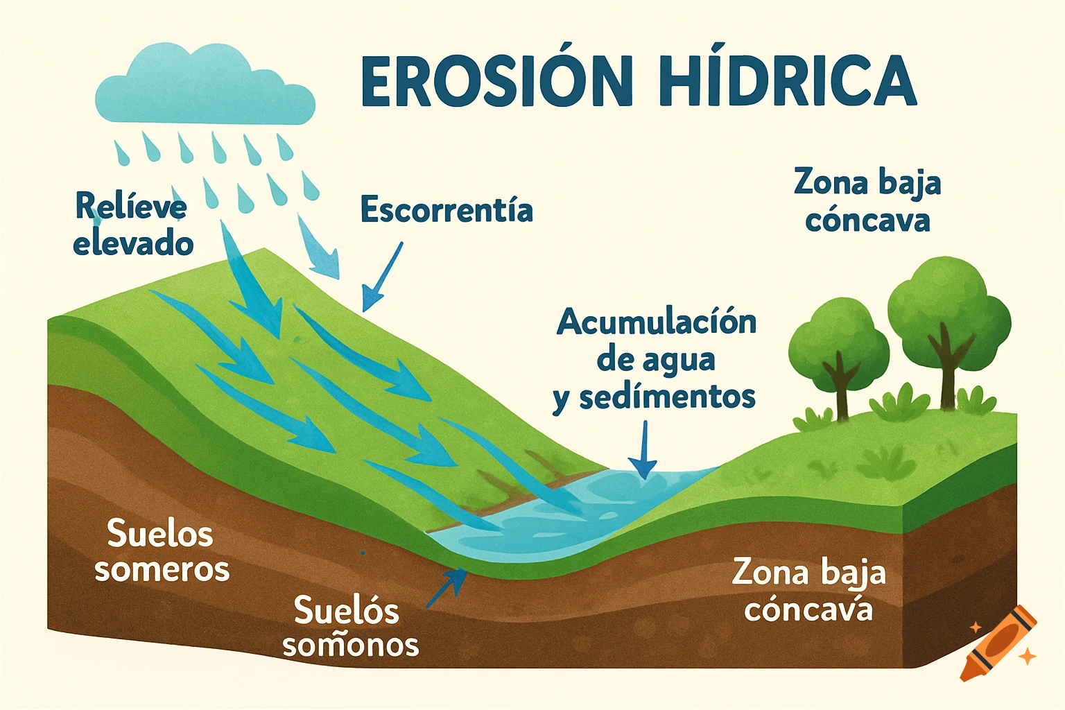 Educational diagram showing water erosion with rain, runoff on a slope, and sediment accumulation in a concave area, with labeled soil layers.
