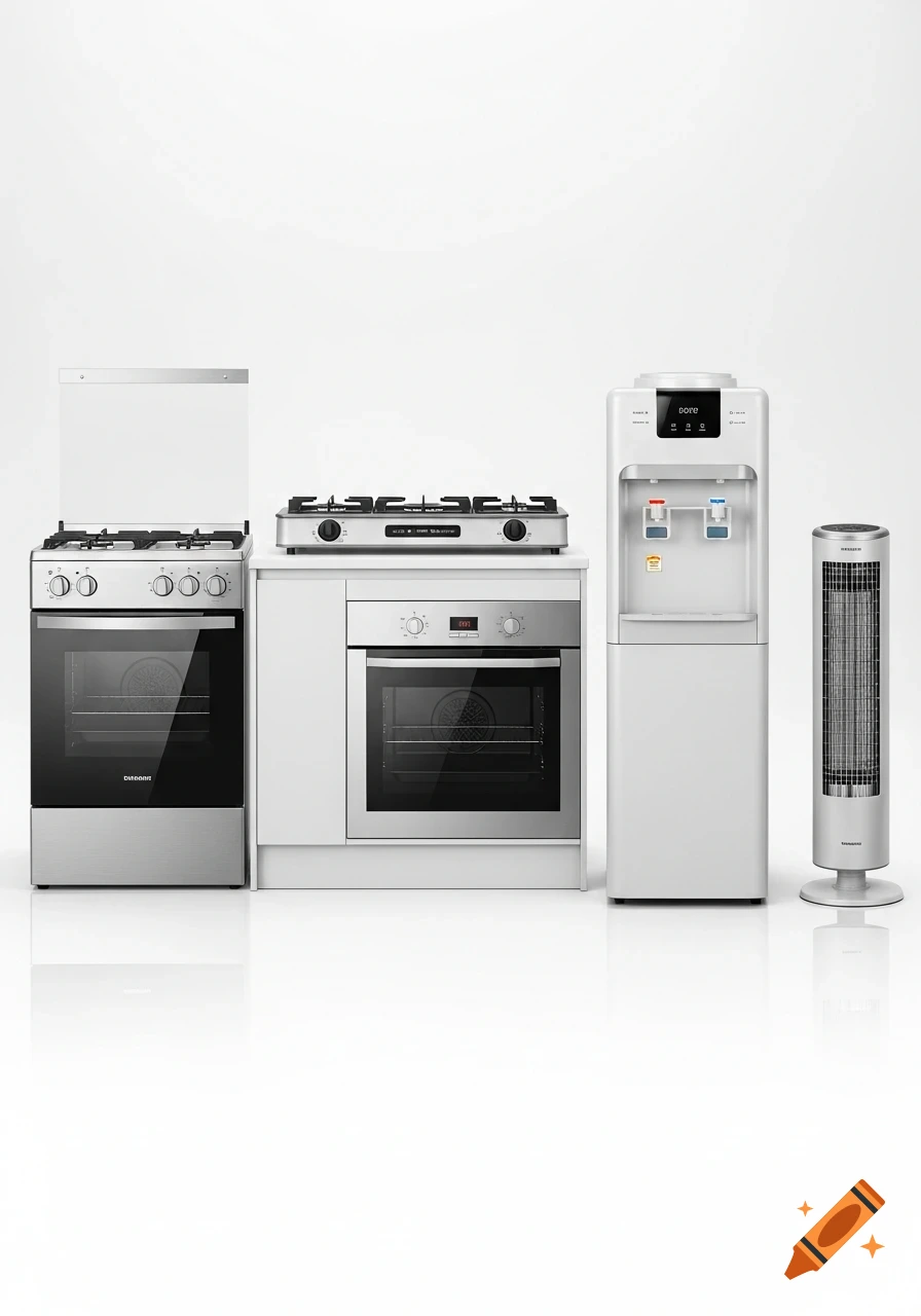 A lineup of modern white and silver home appliances including a freestanding stove, a tabletop gas stove, a built-in oven, a water cooler, and a tower heater, all on a clean white background.