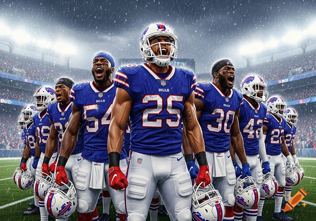 Group of photorealistic Buffalo Bills football players in home uniforms shouting on a rainy, snowy field in a stadium.