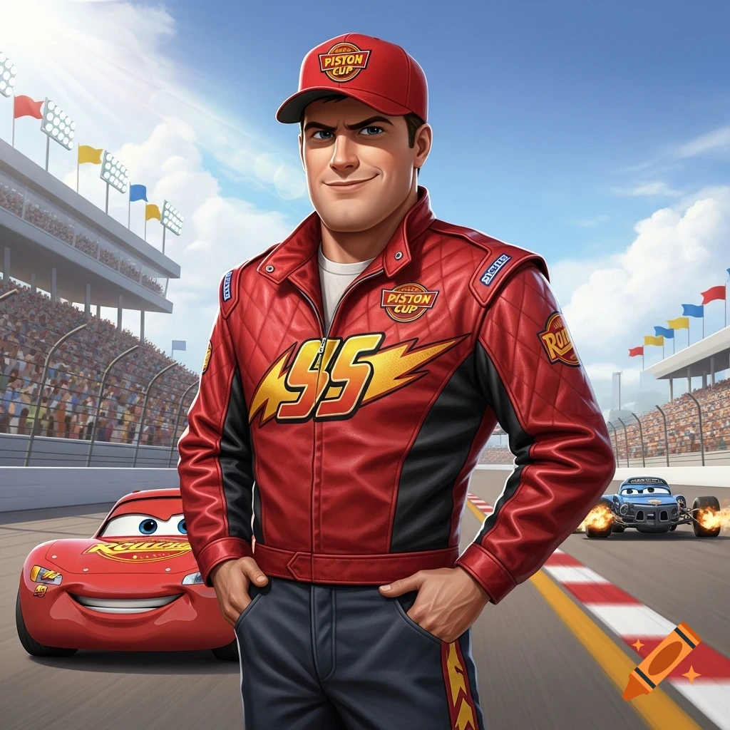 A humanized Lightning McQueen in a red racing jacket with 'Piston Cup' and '95' logos stands at a race track with cartoon cars, including Lightning McQueen and another vehicle with flames, under a clear sky.