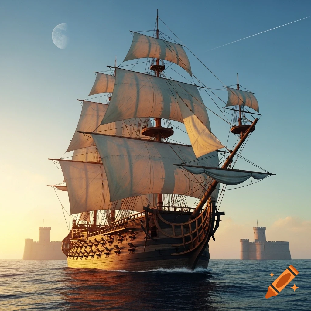 A large 1700s sailing ship with many sails and cannons, sailing on a calm sea at sunset, with distant castles under a crescent moon.
