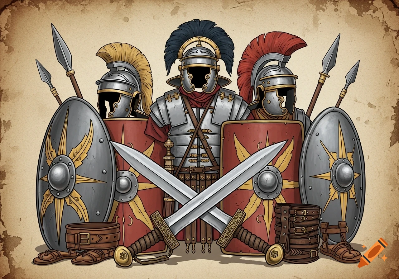 Cartoon illustration of three Roman legionaries' armor, helmets, shields, spears, and crossed swords.